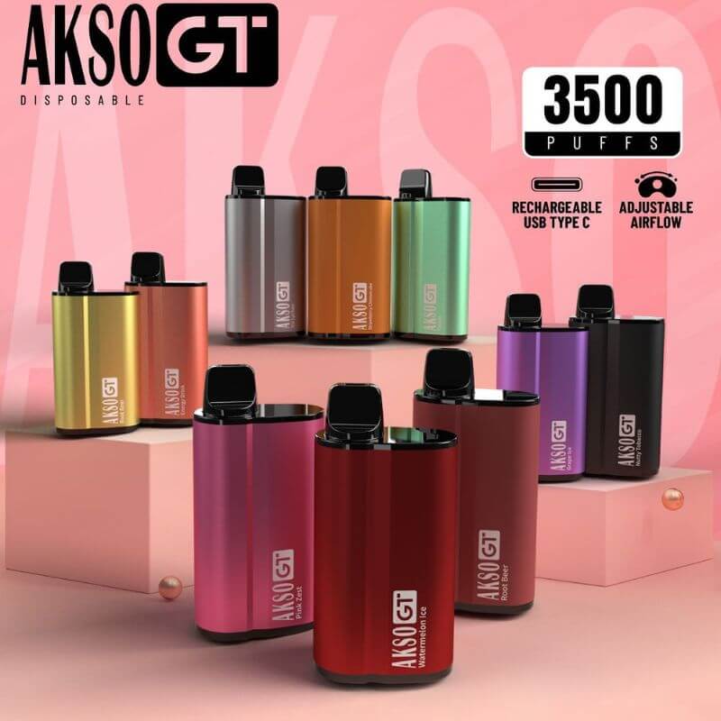 10 Akso GT 3500 puffs devices on a pink gradient background