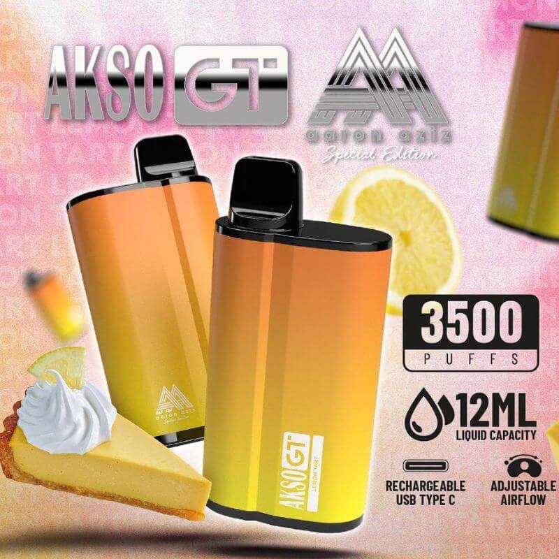 Akso GT 3500 Puffs Disposable Pod Lemon Tart Flavour on Pink Gradient Background