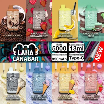 LANA-BAR-5000-Puffs-Creamy-Series-Lanabar-Cappucino,-Lanabar-Chocolate-Strawberry,-Lanabar-Banana-Milkshake,-Lanabar-Chocolate-Mint,-Lanabar-Vanilla-Ice-Cream,-Lanabar-Blueberry-Ice-Cream,-Lanabar-Mango-Ice-Cream,-Lanabar-Strawberry-Ice-Cream-flavors-LANA