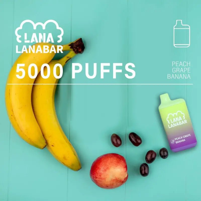 Lana-Bar-5000-Puffs-Peach-Grape-Banana-Flavor-on-a-blue-gradient-background-LANA