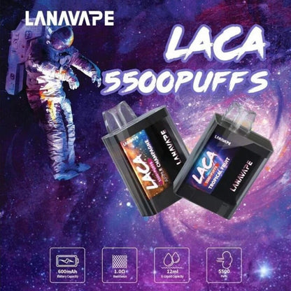 Two Lana Laca 5500 Puffs Apple Champagne and Tropical Fruit on a black background