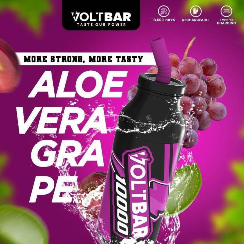 Voltbar 10000 Puffs Aloe Vera Grape flavour displayed on purple gradient background