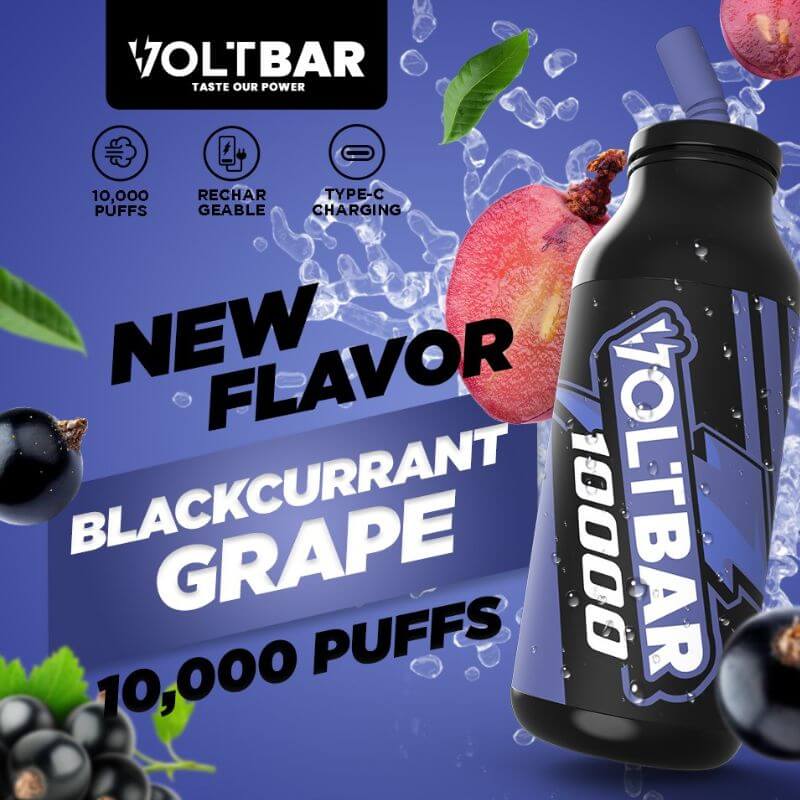 Voltbar 10000 Puffs Blackcurrant Grape flavor displayed on a purple color background