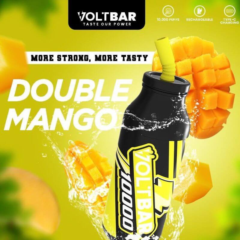 Voltbar 10,000 puffs Double Mango flavour displayed on a yellow gradient background