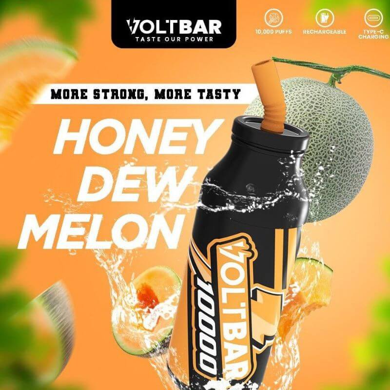 Voltbar 10000 Puffs Honeydew melon flavour displayed on an orange gradient background