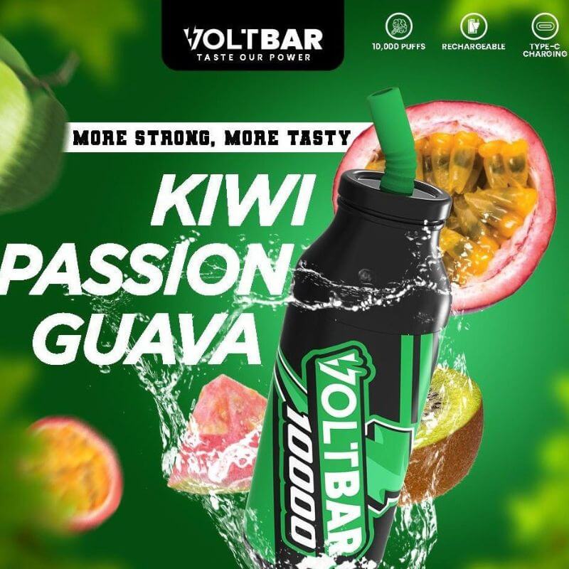 Voltbar 10,000 Puffs Kiwi Passion Guava flavor displayed on a green gradient background.
