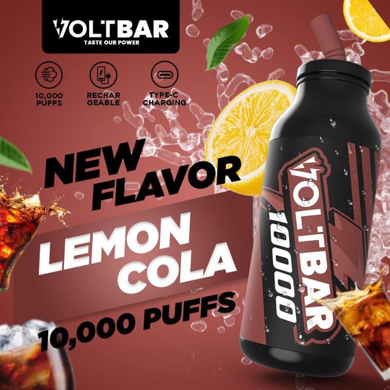 Voltbar 10000 Puffs Lemon Cola flavor displayed on a dark brown gradient background