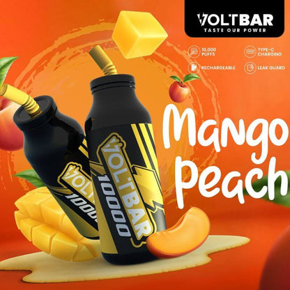 Voltbar 10,000 Puffs Mango Peach flavor displayed on a yellow-orange gradient background