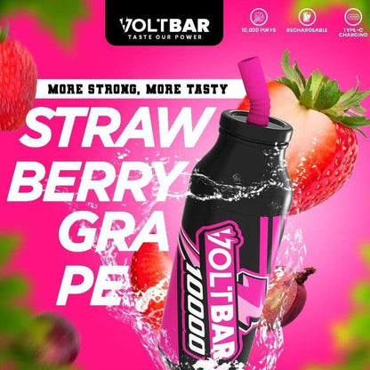 Voltbar 10,000 Puffs Strawberry Grape Flavour displayed on a pink gradient background