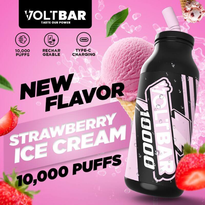 Voltbar 10,000 Puffs Strawberry Ice Cream flavor displayed on a pink-purple gradient background.