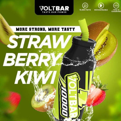Voltbar 10000 Puffs Strawberry Kiwi flavour displayed on a green gradient background