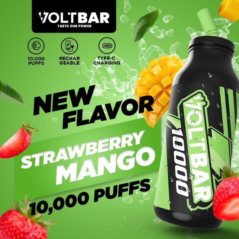 Voltbar 10,000 Puffs Strawberry Mango flavor displayed on a green gradient background